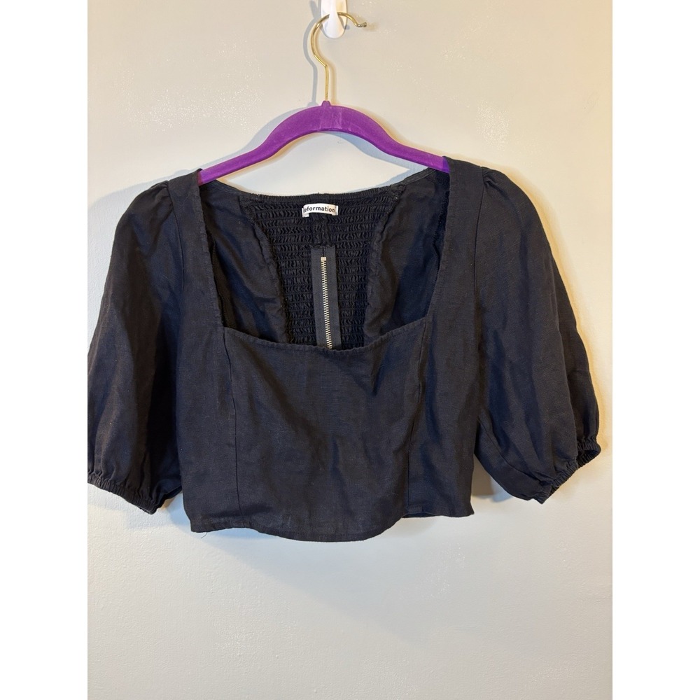 REFORMATION Arancini Black Linen Crop Top 6 Puff Sleeve